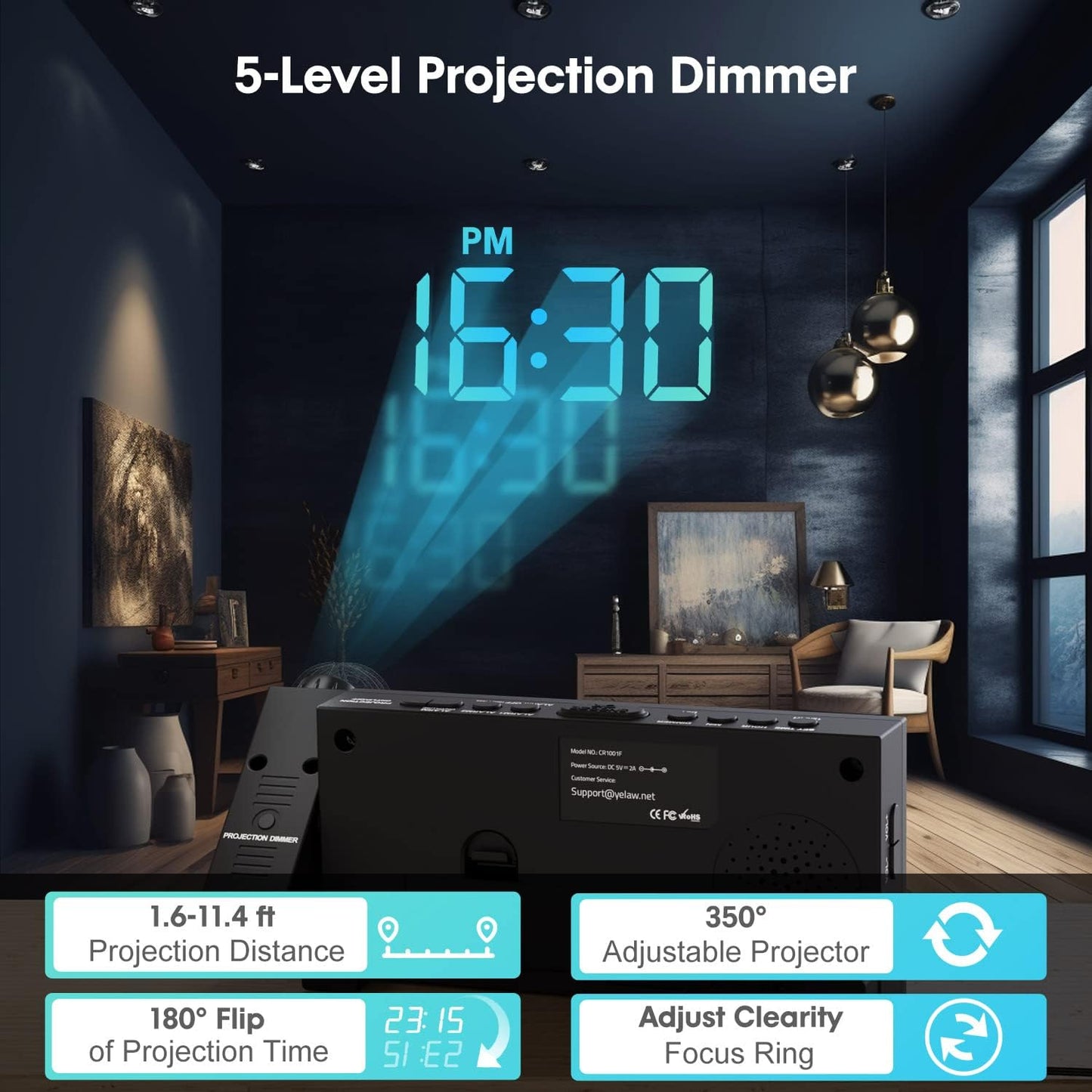 Projection Digital Alarm Clock on Ceiling Wall, LED Alarm Clock for Bedrooms with USB Charger Port, 350° Projector,Dimmer,12/24H & Dst,Battery Backup, 7.5’’ Dual Loud Alarm Clock for Heavy Sleeper