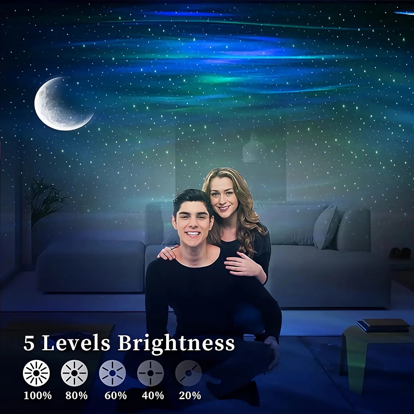 Star Projector with Bluetooth Speaker and Remote, Northern Lights Aurora Projector with Moon and Star