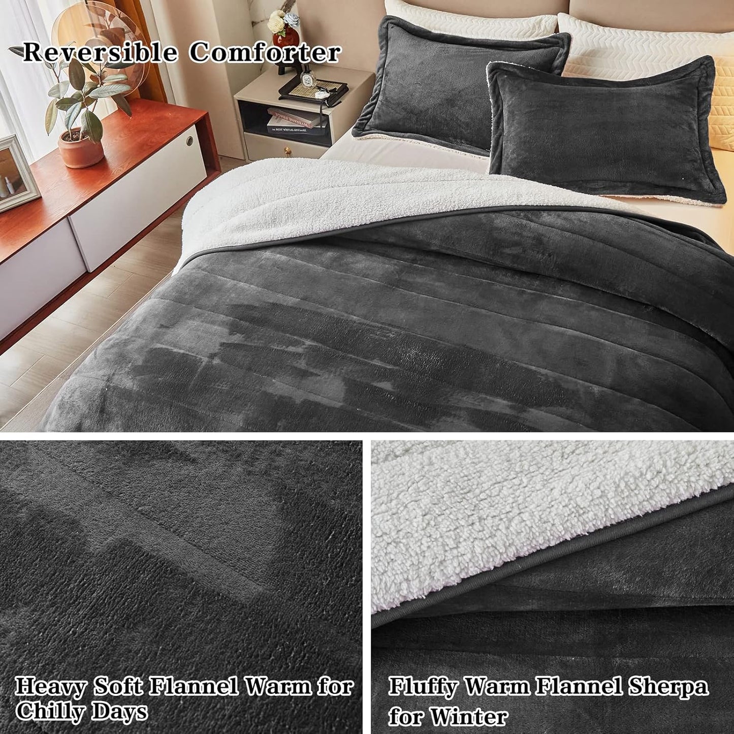 3-Layer Luxury Flannel Fleece Thick Bed Blanket King Size, Soft Plush Velvet Sherpa Blanket with 2 Pillow Shams Heavy Warm for Winter, Breathable N Washable, Dark Gray