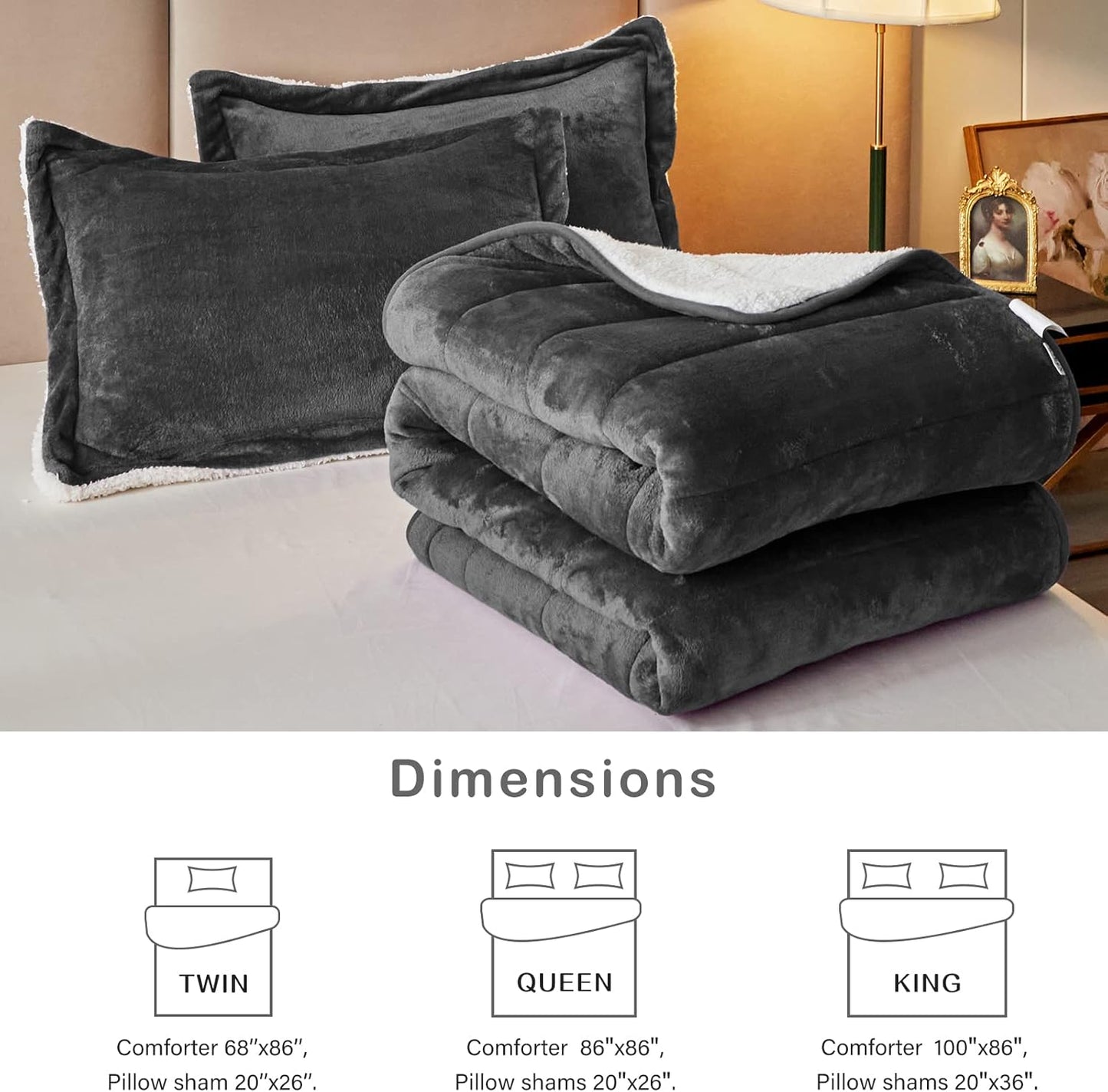 3-Layer Luxury Flannel Fleece Thick Bed Blanket King Size, Soft Plush Velvet Sherpa Blanket with 2 Pillow Shams Heavy Warm for Winter, Breathable N Washable, Dark Gray