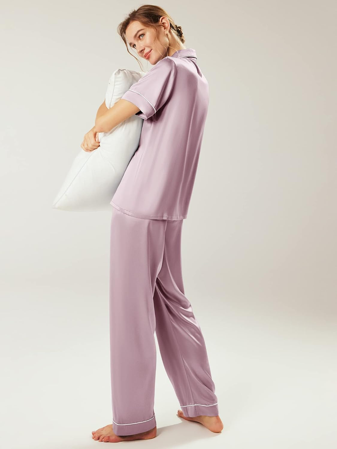 Womens Satin Pajama Set Soft Short Sleeve Silk Pajamas Button down Loungewear Sleepwear Two Piece Pj Sets, S-XL
