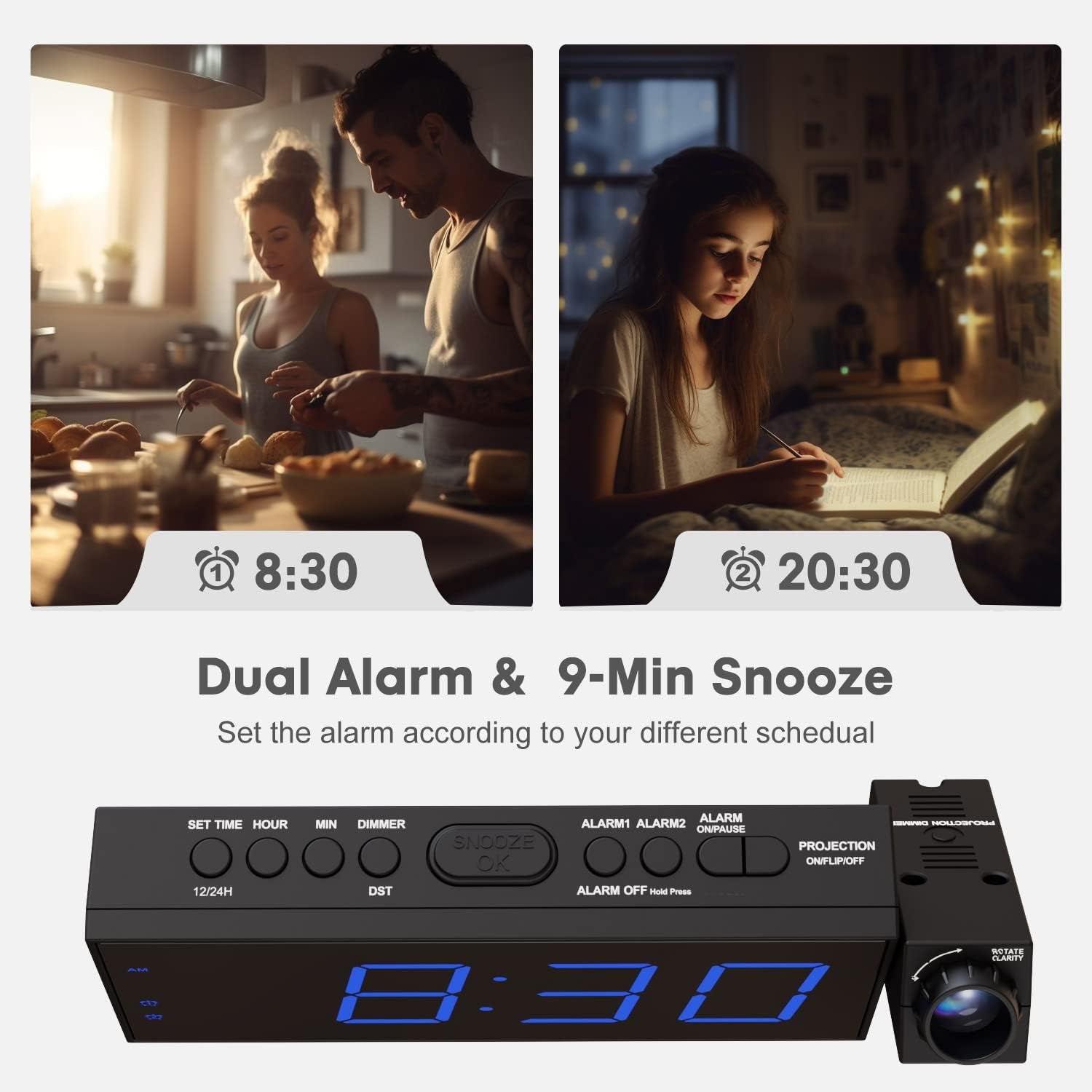 Projection Digital Alarm Clock on Ceiling Wall, LED Alarm Clock for Bedrooms with USB Charger Port, 350° Projector,Dimmer,12/24H & Dst,Battery Backup, 7.5’’ Dual Loud Alarm Clock for Heavy Sleeper
