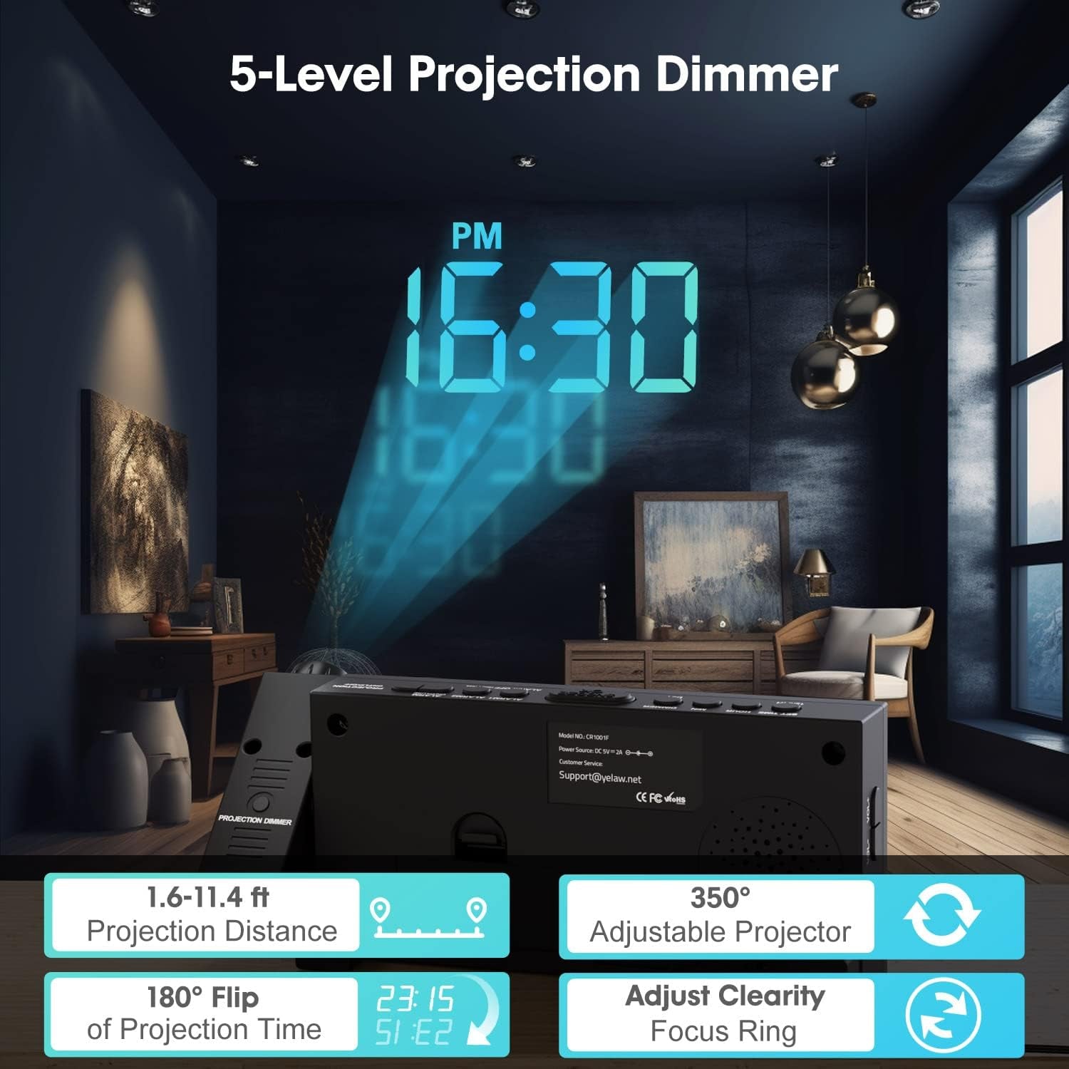 Projection Digital Alarm Clock on Ceiling Wall, LED Alarm Clock for Bedrooms with USB Charger Port, 350° Projector,Dimmer,12/24H & Dst,Battery Backup, 7.5’’ Dual Loud Alarm Clock for Heavy Sleeper