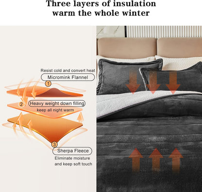3-Layer Luxury Flannel Fleece Thick Bed Blanket King Size, Soft Plush Velvet Sherpa Blanket with 2 Pillow Shams Heavy Warm for Winter, Breathable N Washable, Dark Gray