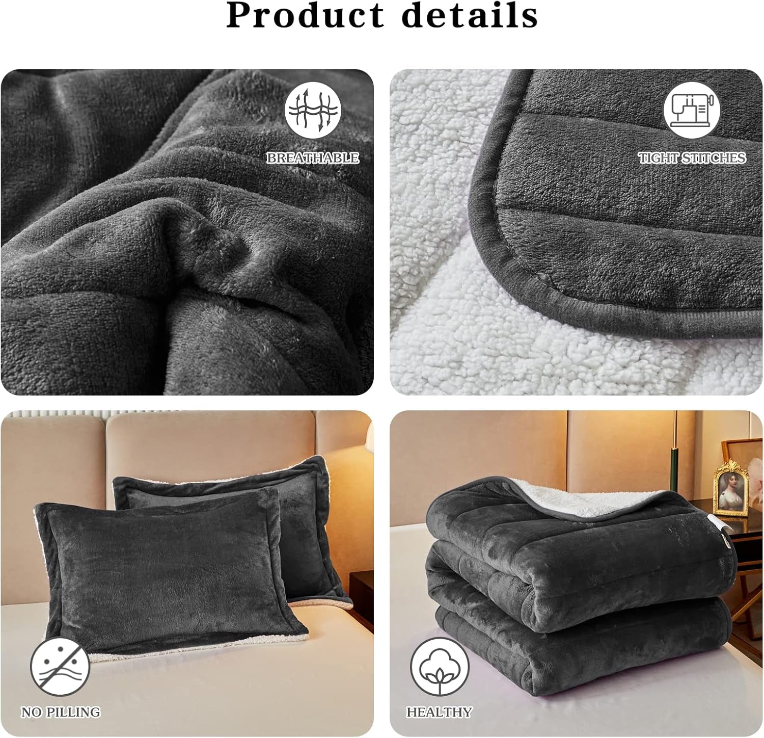 3-Layer Luxury Flannel Fleece Thick Bed Blanket King Size, Soft Plush Velvet Sherpa Blanket with 2 Pillow Shams Heavy Warm for Winter, Breathable N Washable, Dark Gray