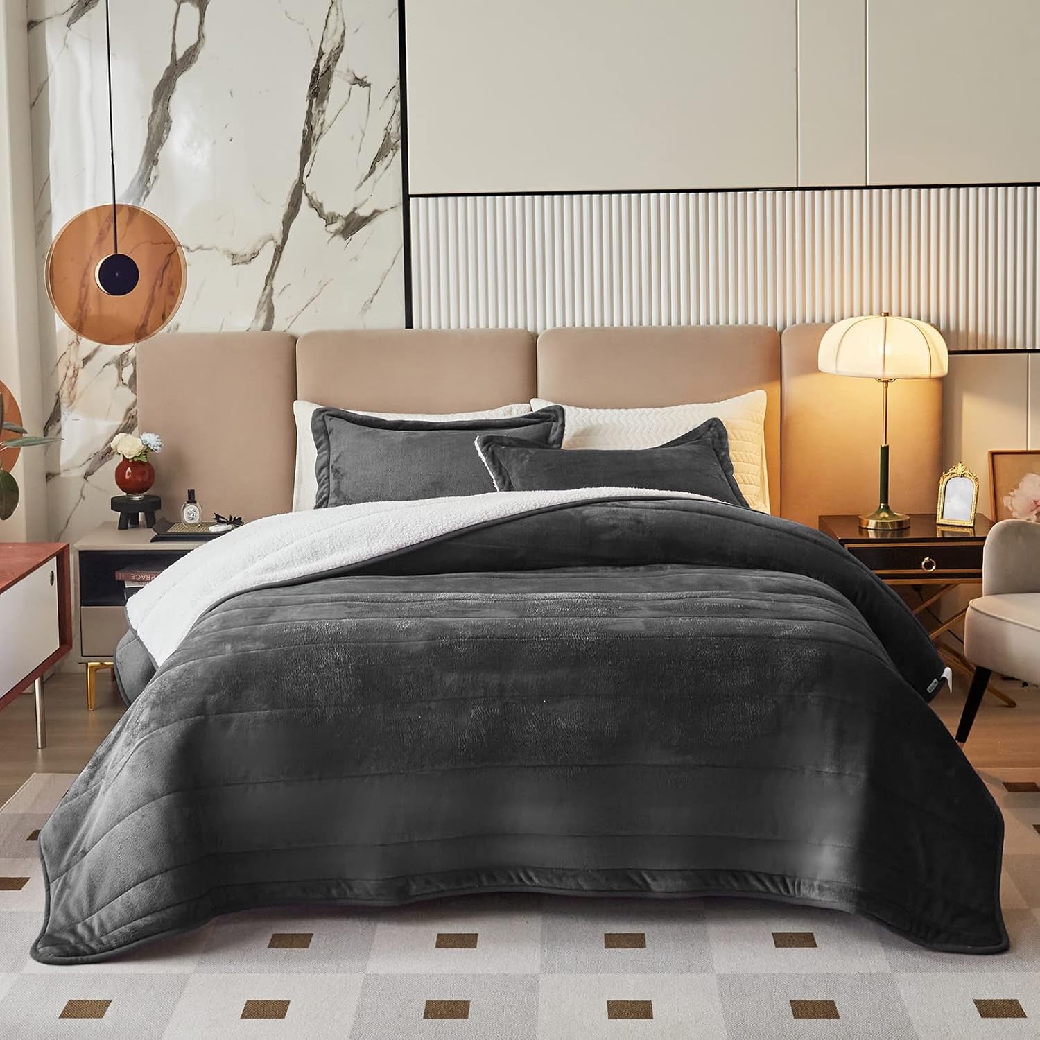 3-Layer Luxury Flannel Fleece Thick Bed Blanket King Size, Soft Plush Velvet Sherpa Blanket with 2 Pillow Shams Heavy Warm for Winter, Breathable N Washable, Dark Gray