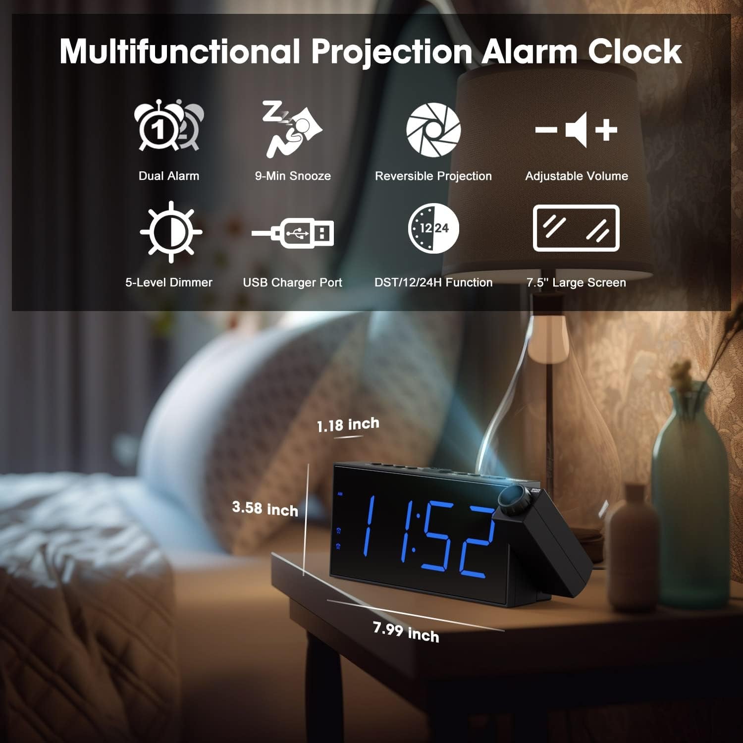 Projection Digital Alarm Clock on Ceiling Wall, LED Alarm Clock for Bedrooms with USB Charger Port, 350° Projector,Dimmer,12/24H & Dst,Battery Backup, 7.5’’ Dual Loud Alarm Clock for Heavy Sleeper