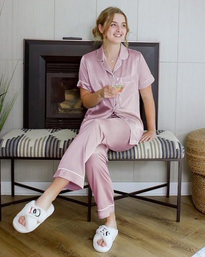 Womens Satin Pajama Set Soft Short Sleeve Silk Pajamas Button down Loungewear Sleepwear Two Piece Pj Sets, S-XL