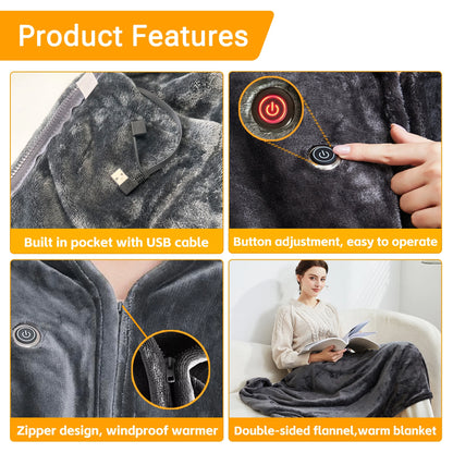  Electric Heated Blanket 59"X33" -  Washable Heated Shawl/Scarf with Zipper for Indoor Outdoor ,Dark Gre（Without Battery）