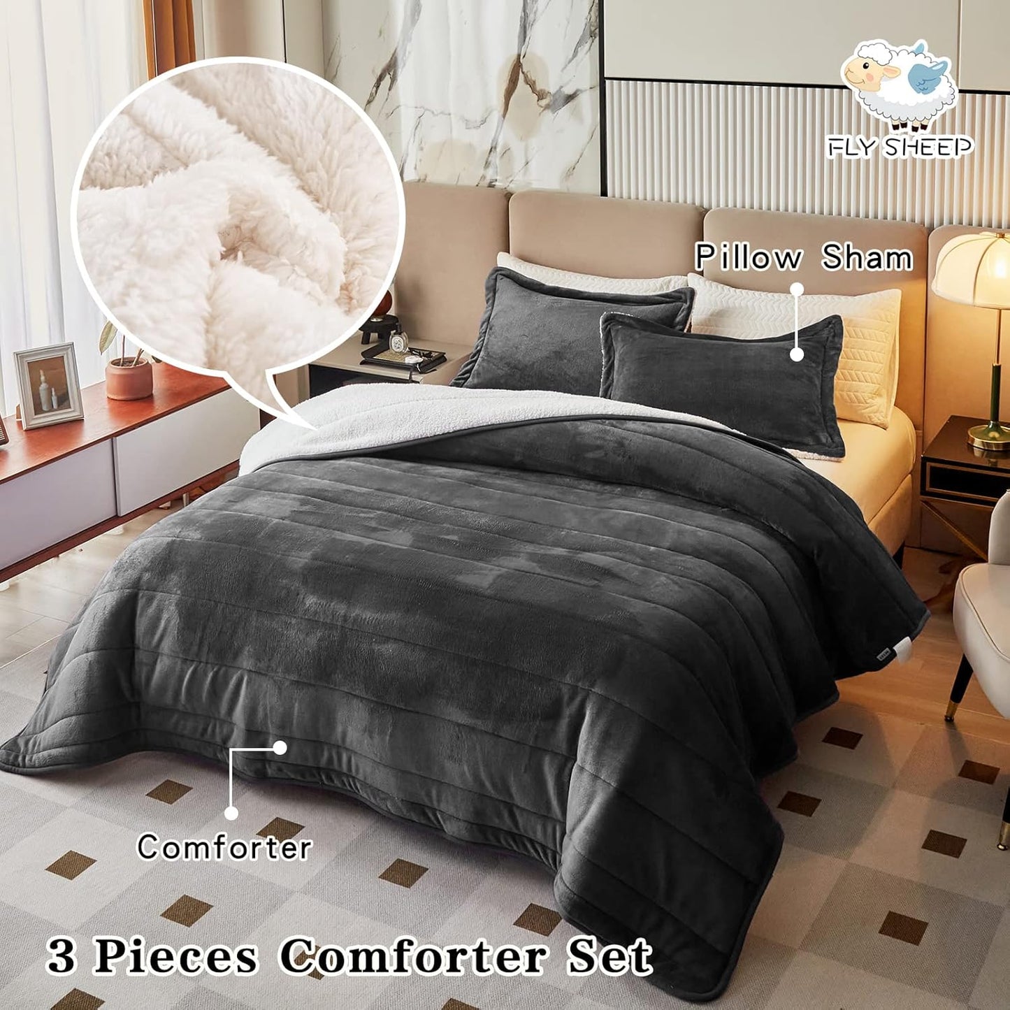 3-Layer Luxury Flannel Fleece Thick Bed Blanket King Size, Soft Plush Velvet Sherpa Blanket with 2 Pillow Shams Heavy Warm for Winter, Breathable N Washable, Dark Gray
