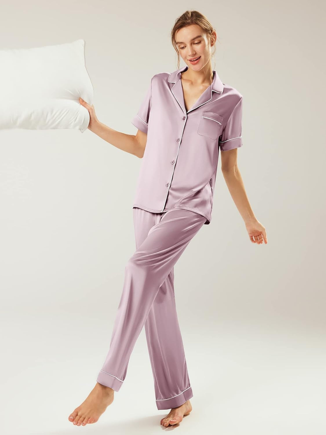 Womens Satin Pajama Set Soft Short Sleeve Silk Pajamas Button down Loungewear Sleepwear Two Piece Pj Sets, S-XL