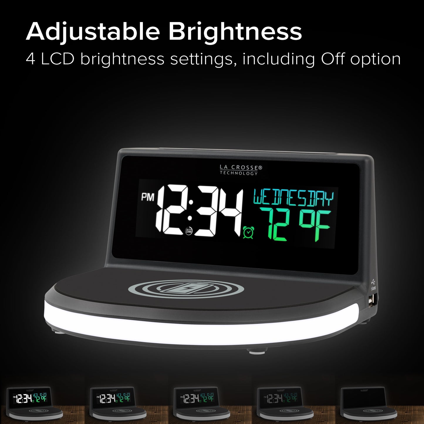 617-148V2 Black Wireless Charging Alarm Clock with Glowing LED Base