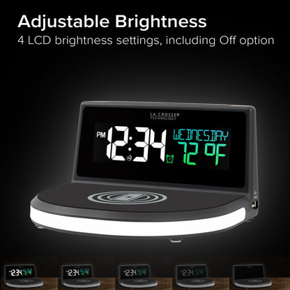 617-148V2 Black Wireless Charging Alarm Clock with Glowing LED Base