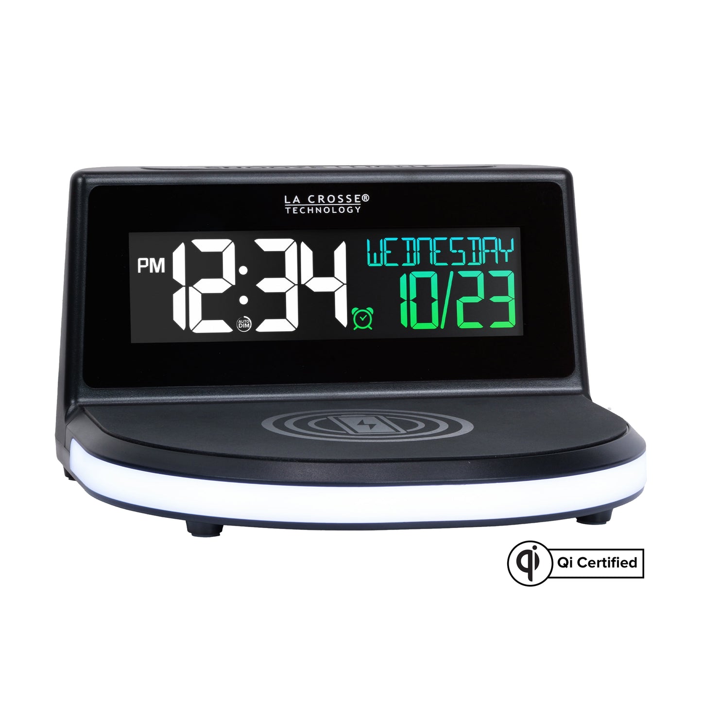 617-148V2 Black Wireless Charging Alarm Clock with Glowing LED Base