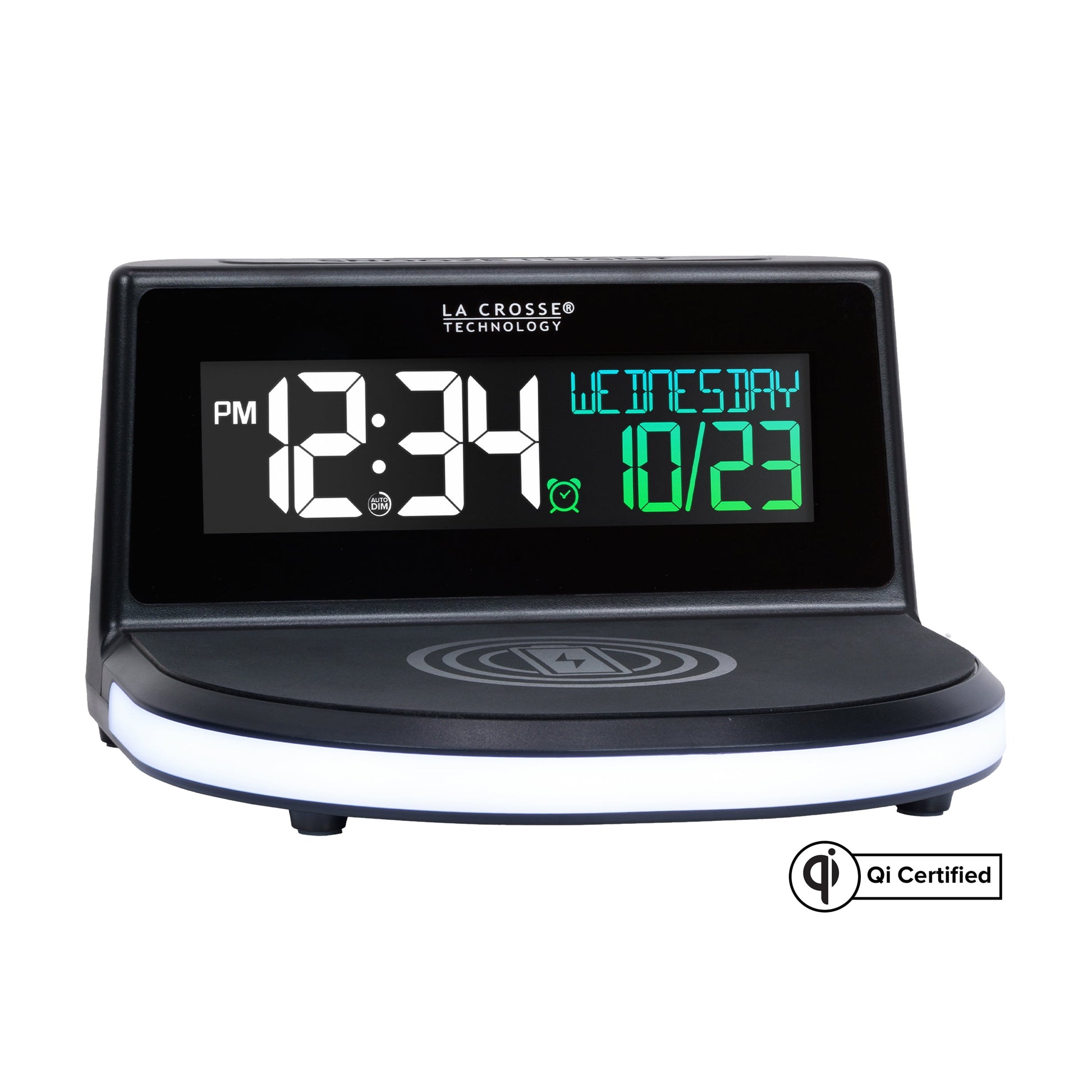 617-148V2 Black Wireless Charging Alarm Clock with Glowing LED Base