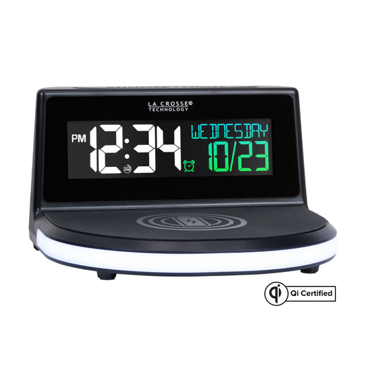 617-148V2 Black Wireless Charging Alarm Clock with Glowing LED Base