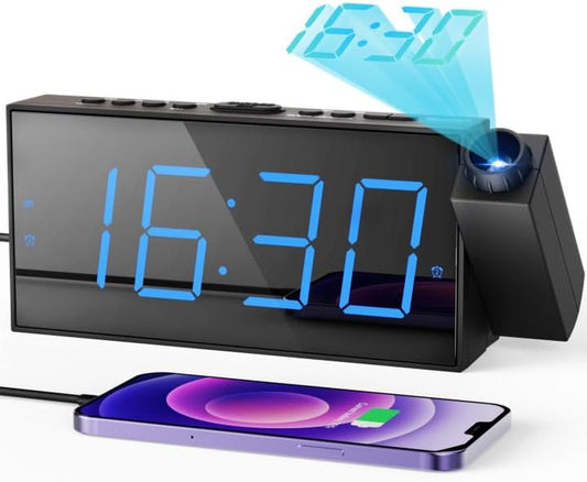 Projection Digital Alarm Clock on Ceiling Wall, LED Alarm Clock for Bedrooms with USB Charger Port, 350° Projector,Dimmer,12/24H & Dst,Battery Backup, 7.5’’ Dual Loud Alarm Clock for Heavy Sleeper