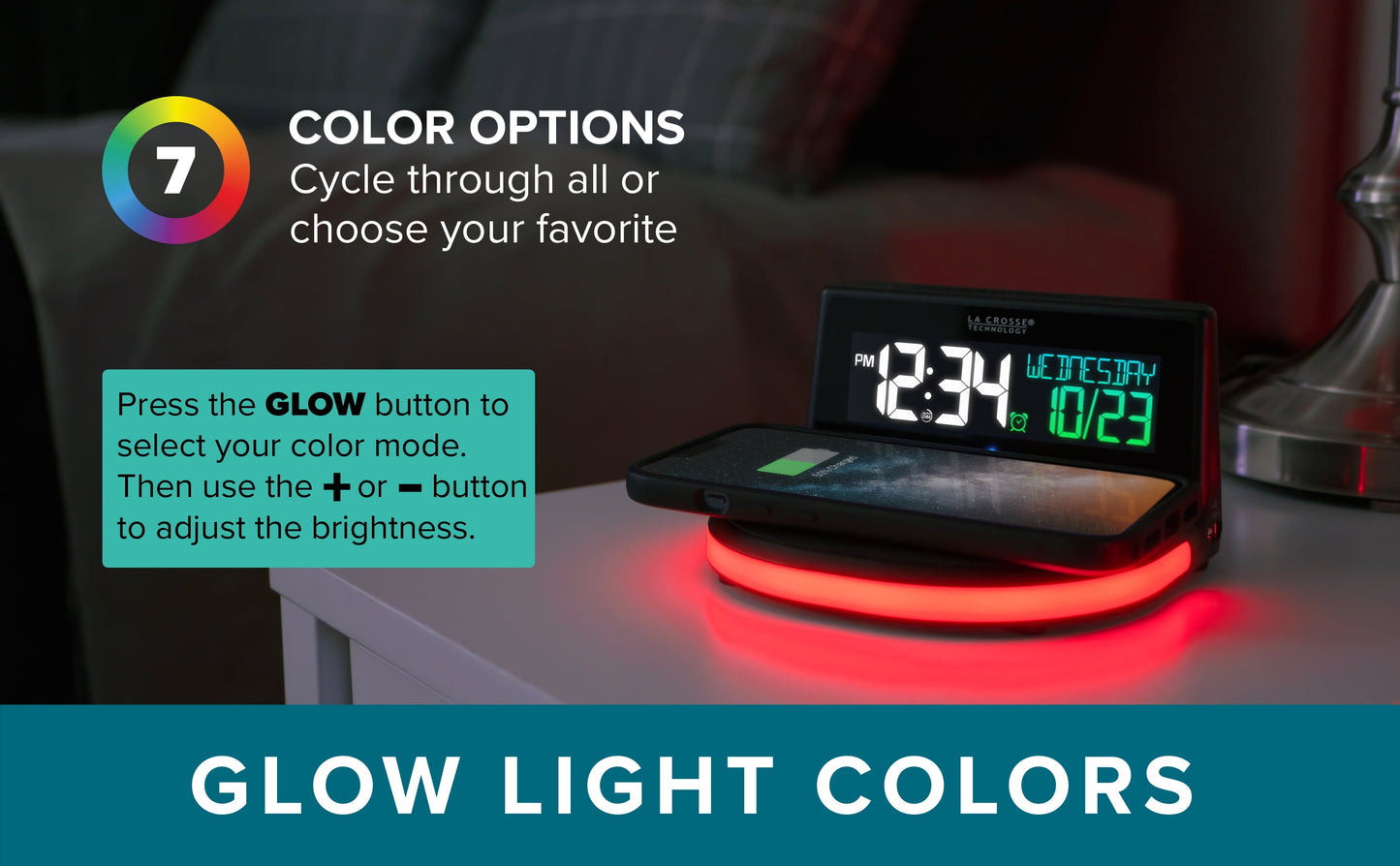 617-148V2 Black Wireless Charging Alarm Clock with Glowing LED Base