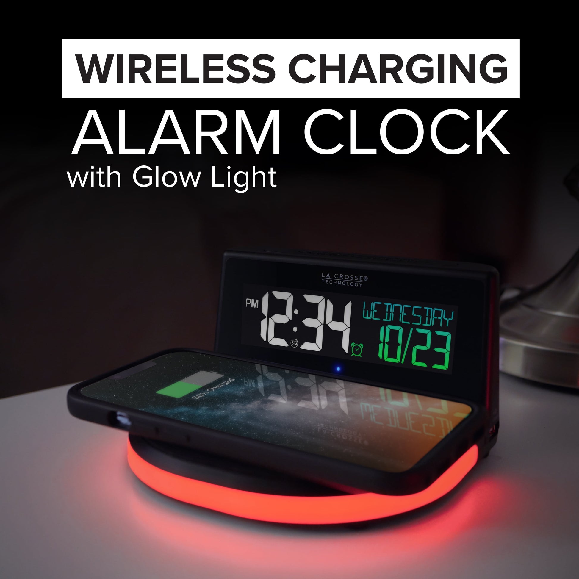 617-148V2 Black Wireless Charging Alarm Clock with Glowing LED Base