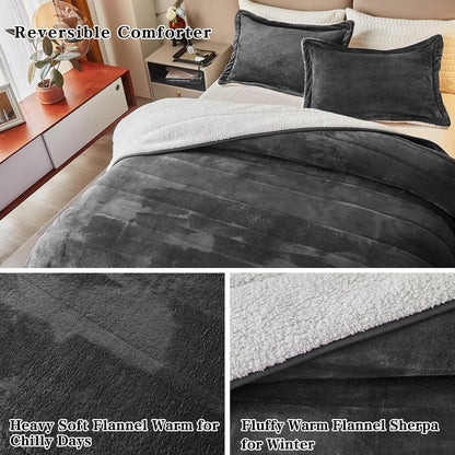 3-Layer Luxury Flannel Fleece Thick Bed Blanket King Size, Soft Plush Velvet Sherpa Blanket with 2 Pillow Shams Heavy Warm for Winter, Breathable N Washable, Dark Gray