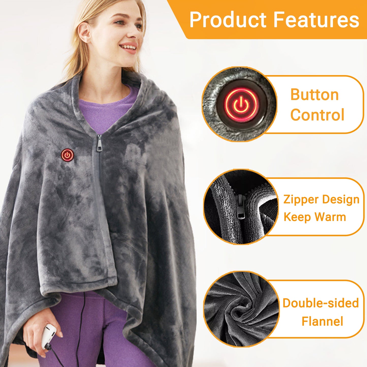  Electric Heated Blanket 59"X33" -  Washable Heated Shawl/Scarf with Zipper for Indoor Outdoor ,Dark Gre（Without Battery）