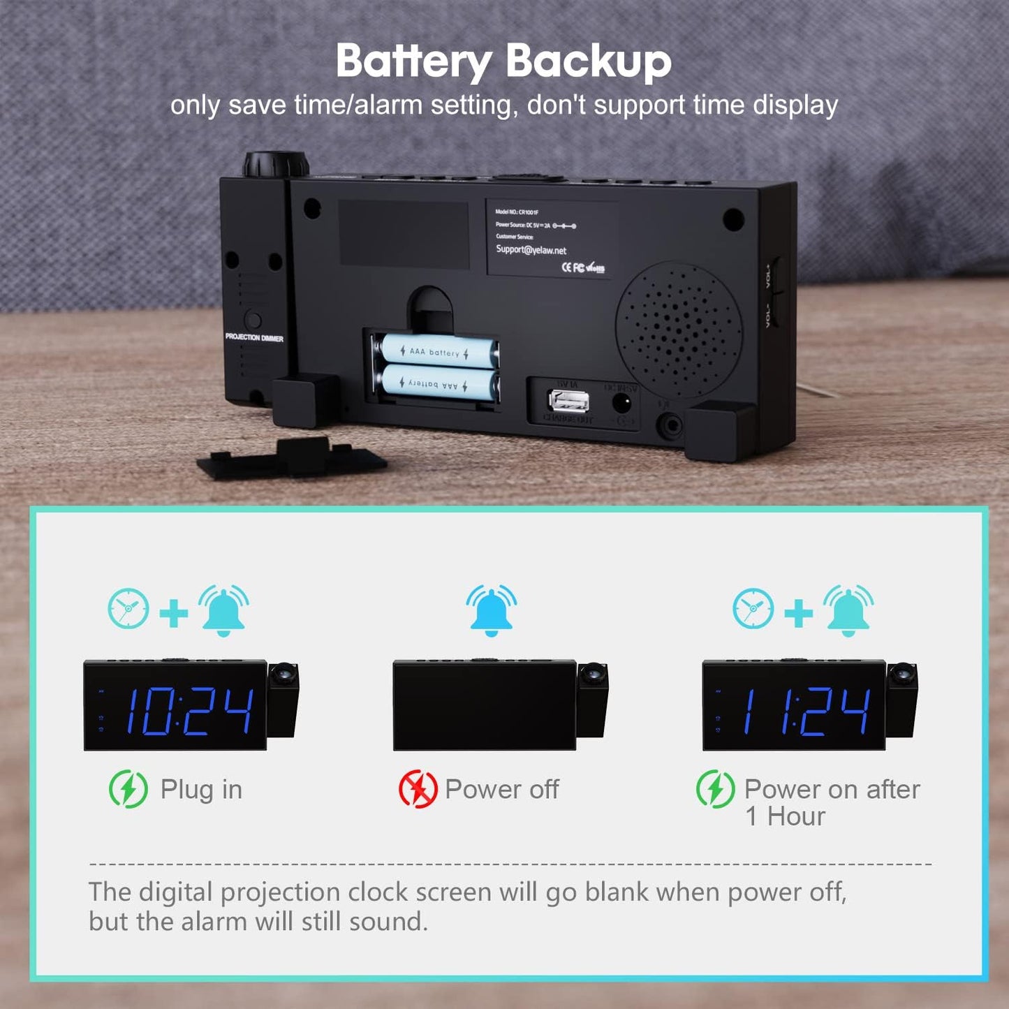 Projection Digital Alarm Clock on Ceiling Wall, LED Alarm Clock for Bedrooms with USB Charger Port, 350° Projector,Dimmer,12/24H & Dst,Battery Backup, 7.5’’ Dual Loud Alarm Clock for Heavy Sleeper