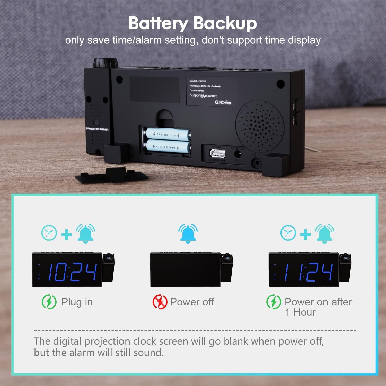 Projection Digital Alarm Clock on Ceiling Wall, LED Alarm Clock for Bedrooms with USB Charger Port, 350° Projector,Dimmer,12/24H & Dst,Battery Backup, 7.5’’ Dual Loud Alarm Clock for Heavy Sleeper