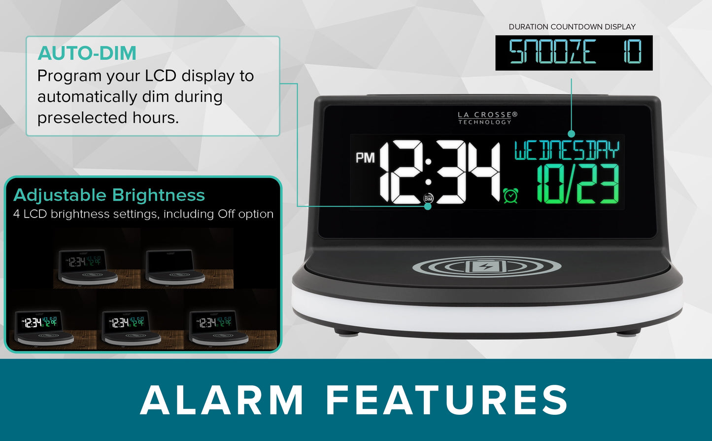 617-148V2 Black Wireless Charging Alarm Clock with Glowing LED Base