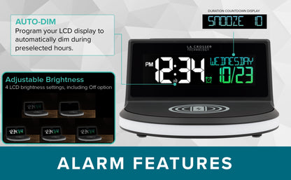 617-148V2 Black Wireless Charging Alarm Clock with Glowing LED Base