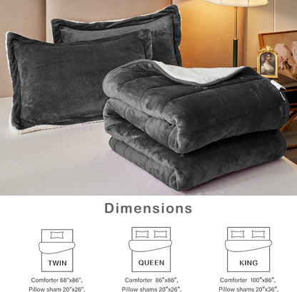 3-Layer Luxury Flannel Fleece Thick Bed Blanket King Size, Soft Plush Velvet Sherpa Blanket with 2 Pillow Shams Heavy Warm for Winter, Breathable N Washable, Dark Gray