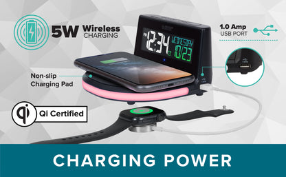 617-148V2 Black Wireless Charging Alarm Clock with Glowing LED Base