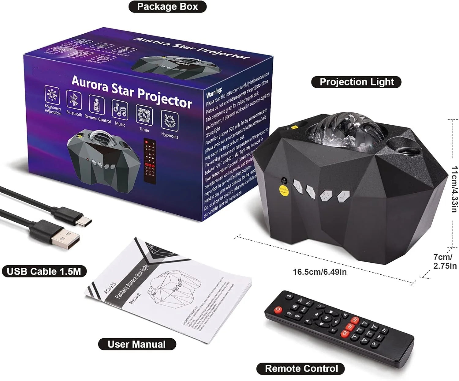 Star Projector with Bluetooth Speaker and Remote, Northern Lights Aurora Projector with Moon and Star