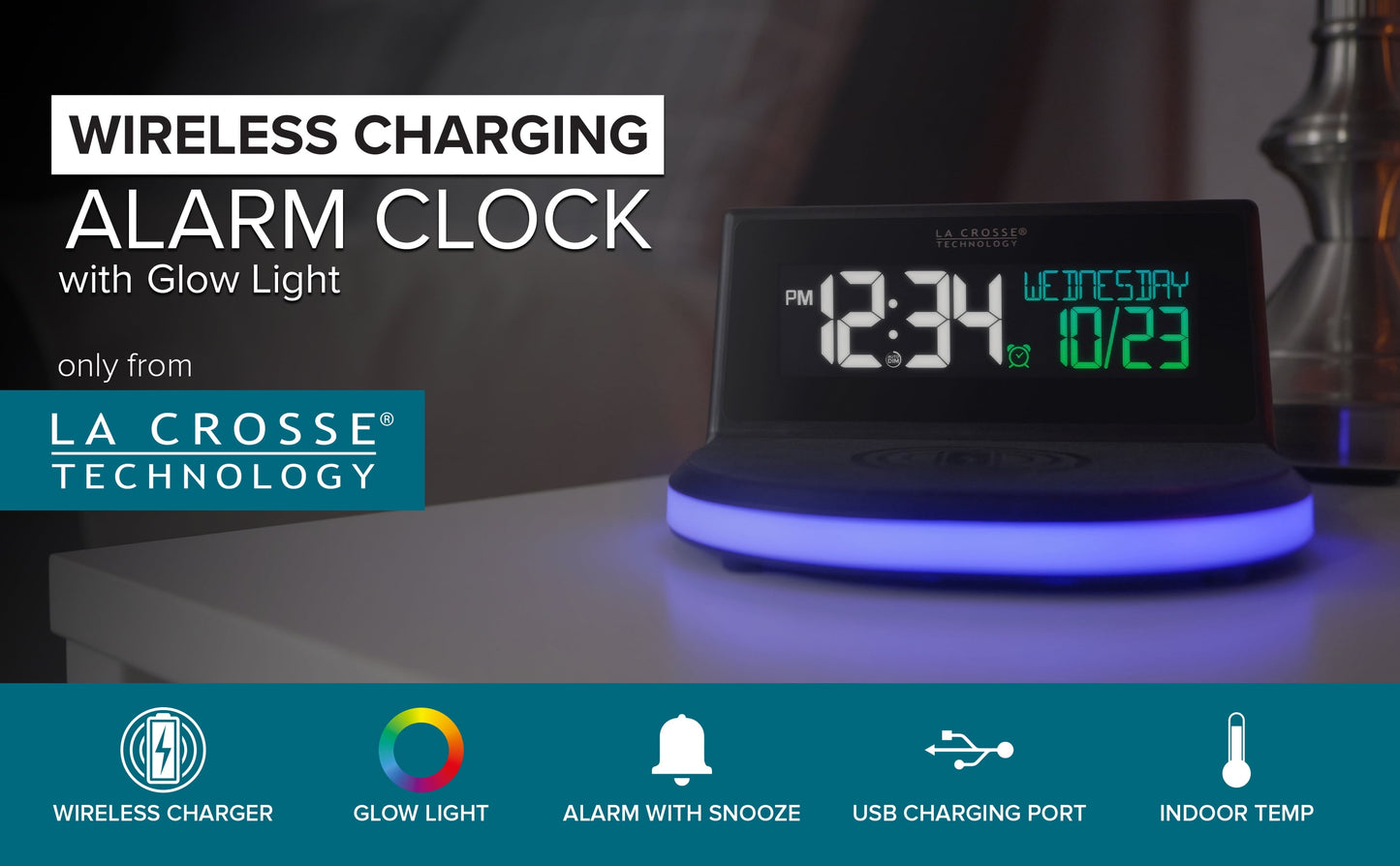 617-148V2 Black Wireless Charging Alarm Clock with Glowing LED Base