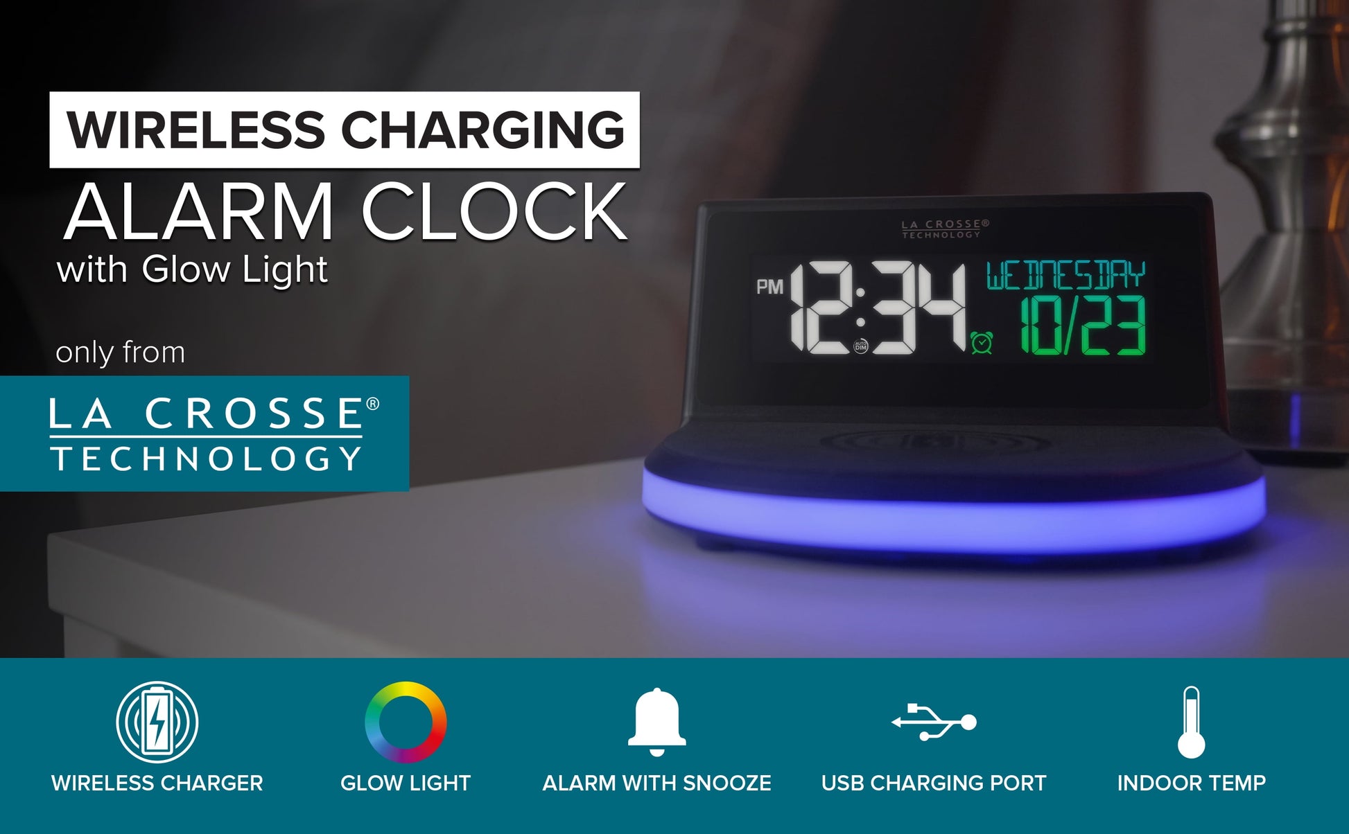 617-148V2 Black Wireless Charging Alarm Clock with Glowing LED Base