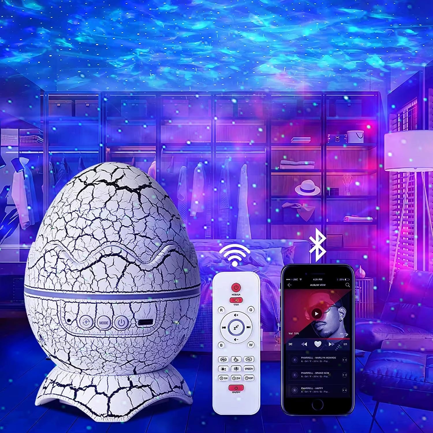 Dinosaur Eggshell Galaxy Projector Starry Sky Night Light Bluetooth Speaker Cute Game Room Decoration Children'S Gift LED Nebula