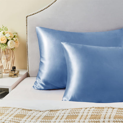 Satin Pillowcase for Hair and Skin, Super Soft and Cooling Similar to Silk Pillow Cases 2 Pack with Envelope Closure, Gift for Women Men(20"X26" Standard Size, Airy Blue)