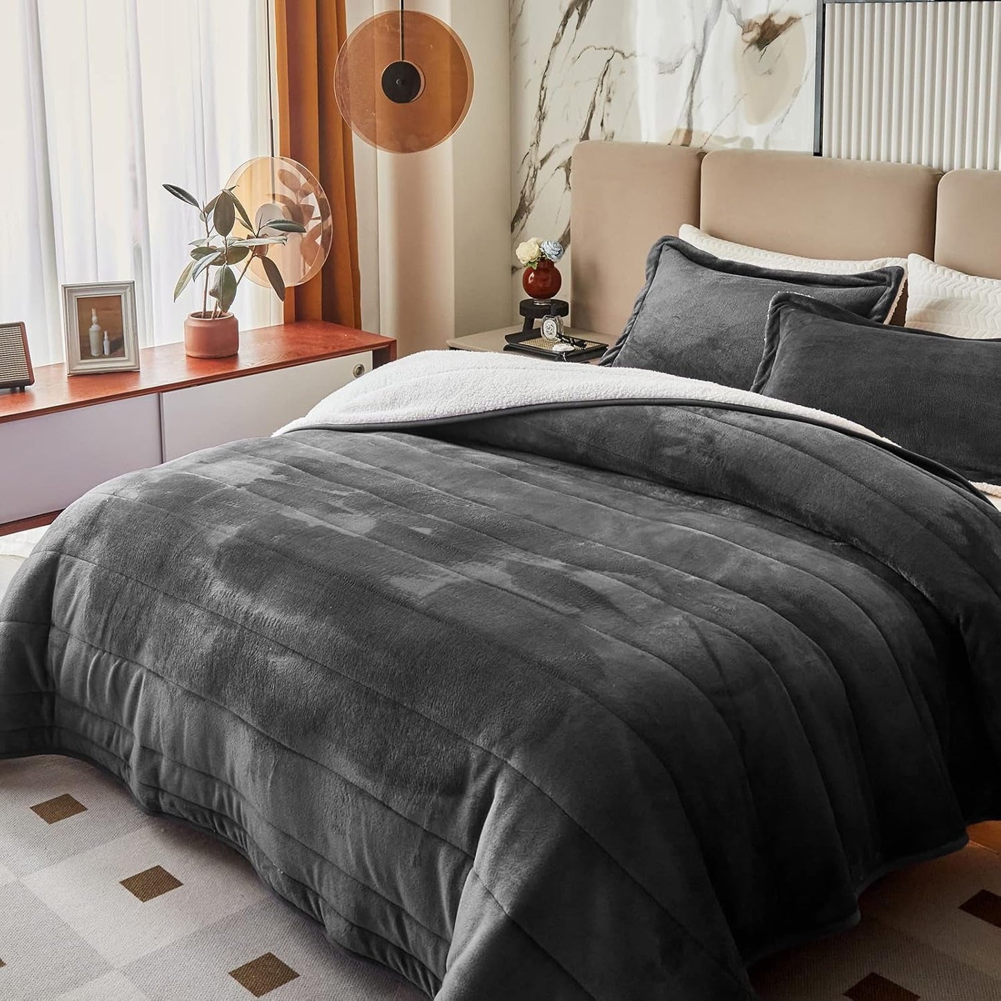 3-Layer Luxury Flannel Fleece Thick Bed Blanket King Size, Soft Plush Velvet Sherpa Blanket with 2 Pillow Shams Heavy Warm for Winter, Breathable N Washable, Dark Gray
